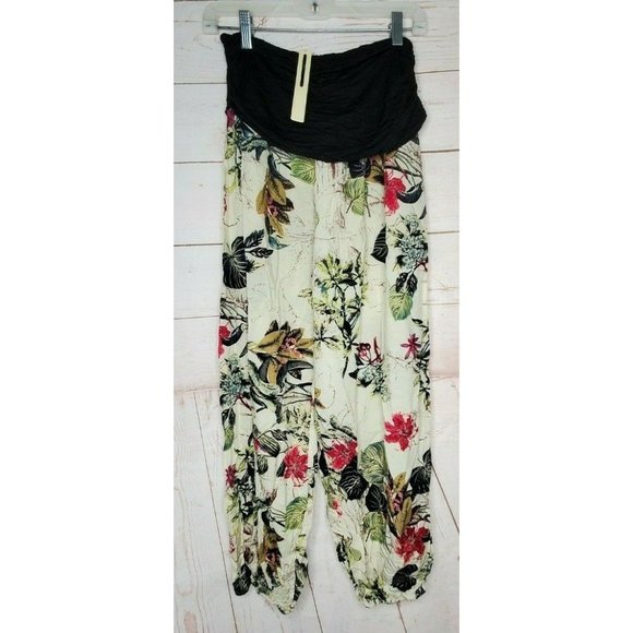 Bai Sheng GT Women's Beige Cream Floral Print Wide Elastic Leg & Waist Pants - Picture 6 of 12